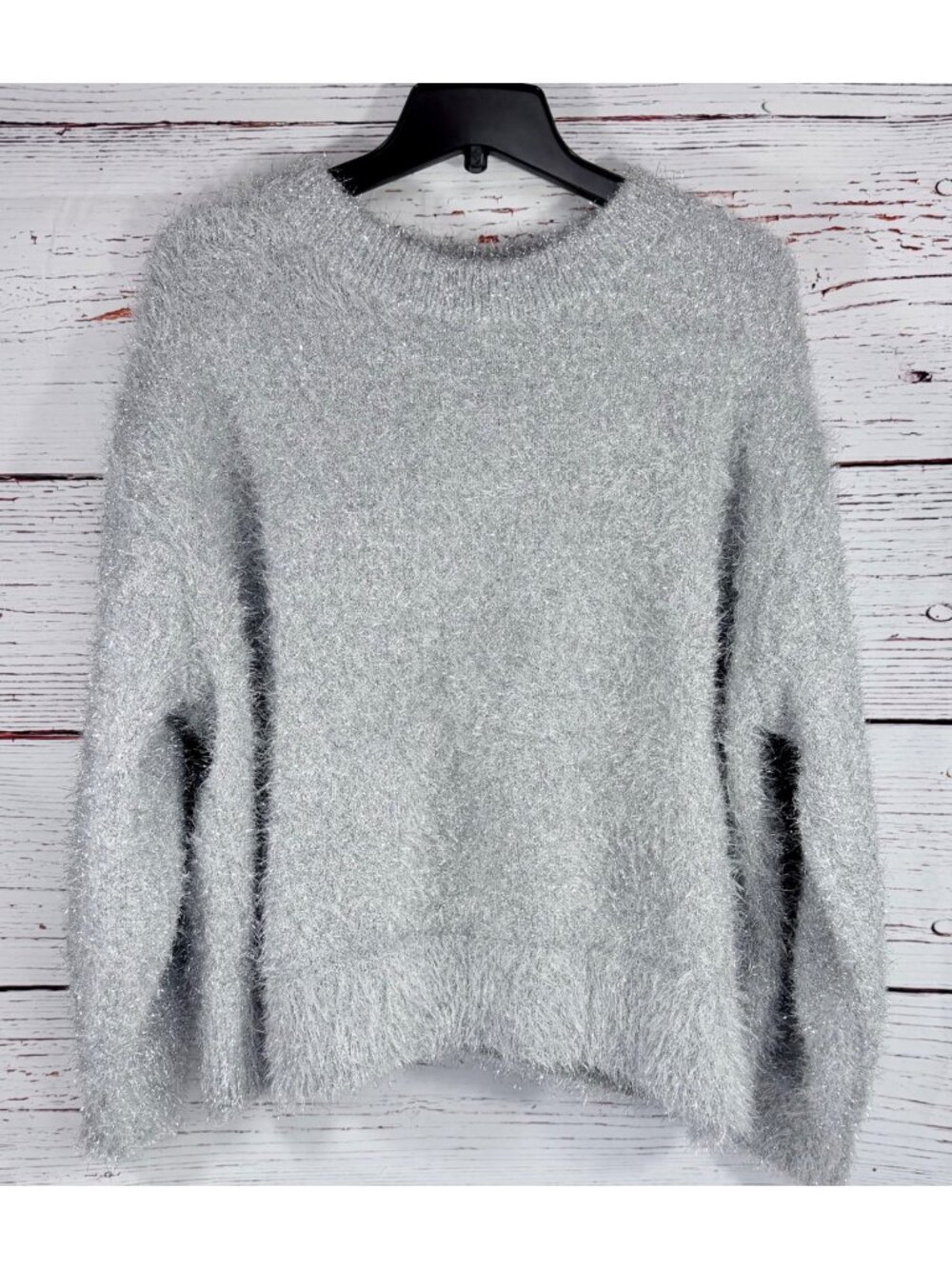 H&M Womens Silver Gray Metallic Fluffy Knit Sweater XL Soft Long Sleeve Crewneck